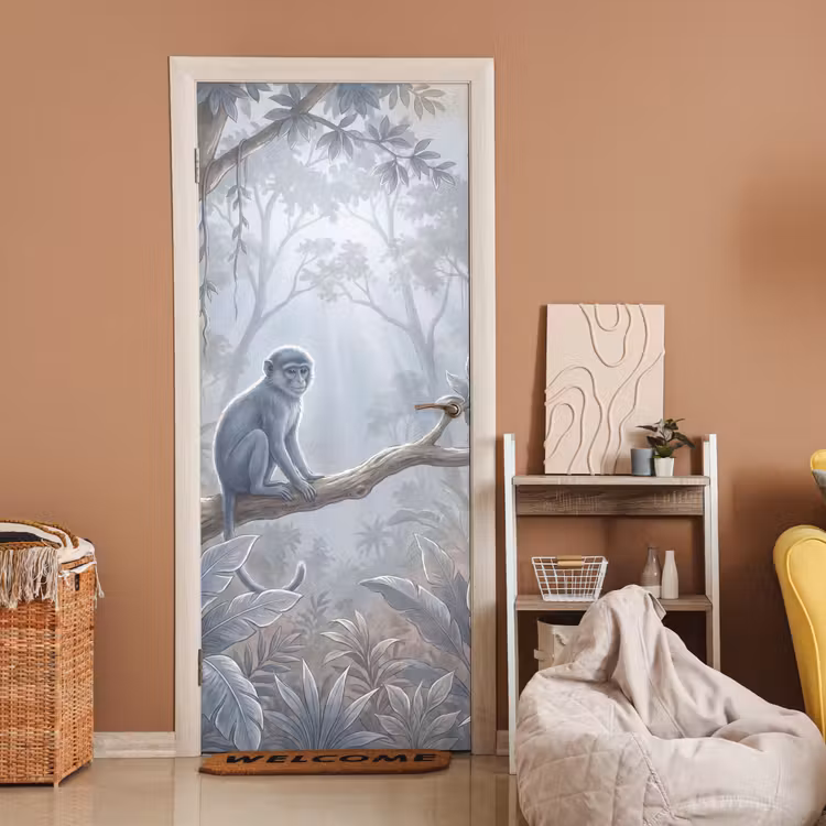 Deursticker - Aap - Boom - Jungle - Natuur - Grijs — 2