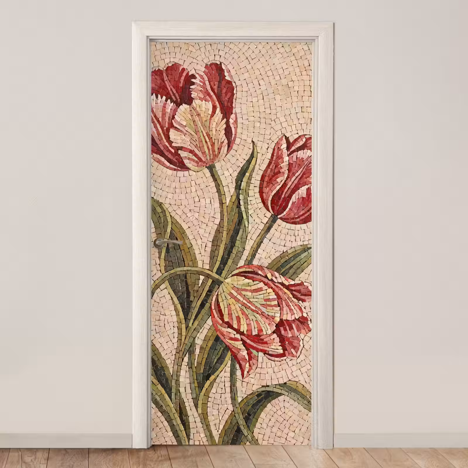 Deursticker - Bloemen - Mozaïek - Rood - Groen - Kunst — 1