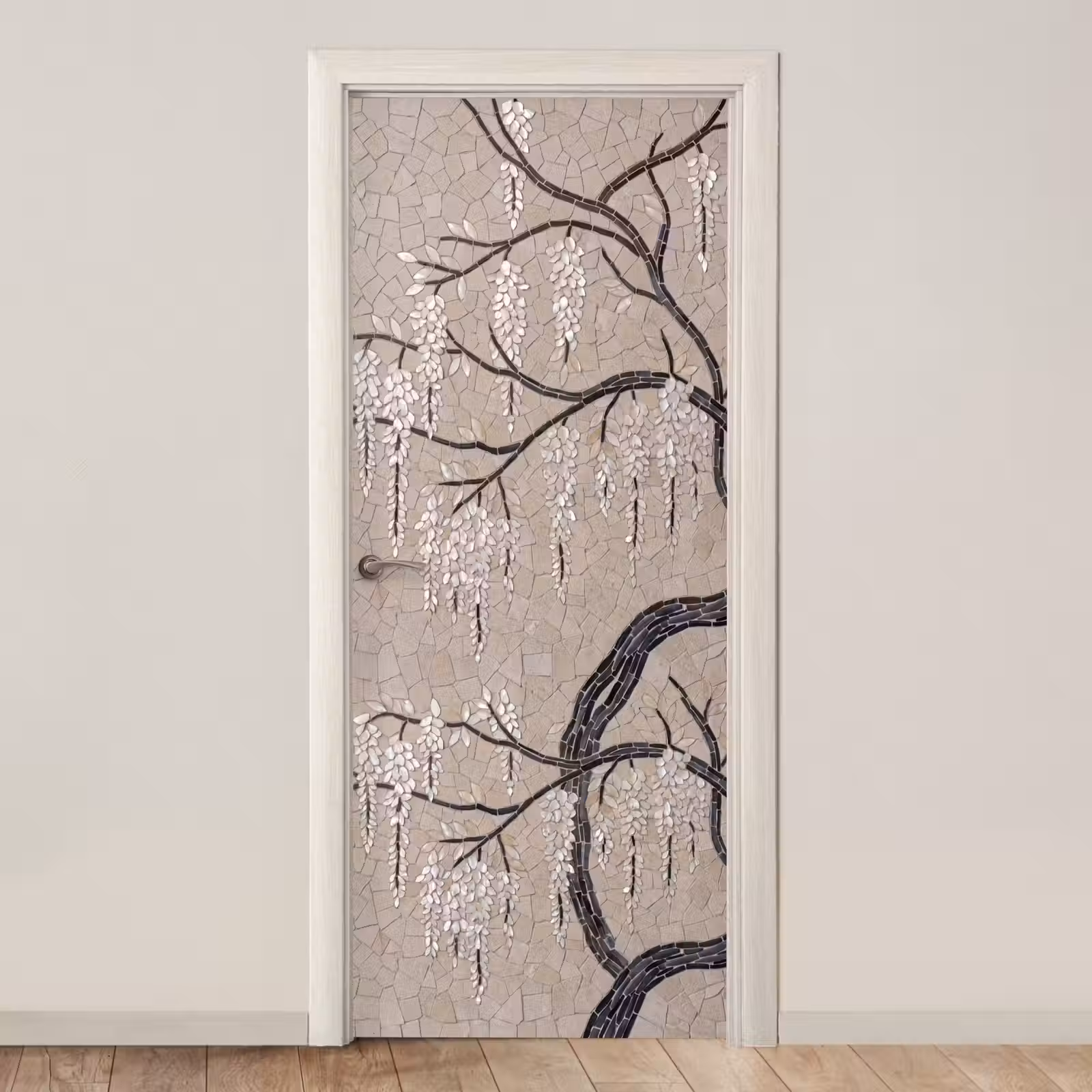 Deursticker - Boom - Bloemen - Mozaïek - Kunst - Wit — 1