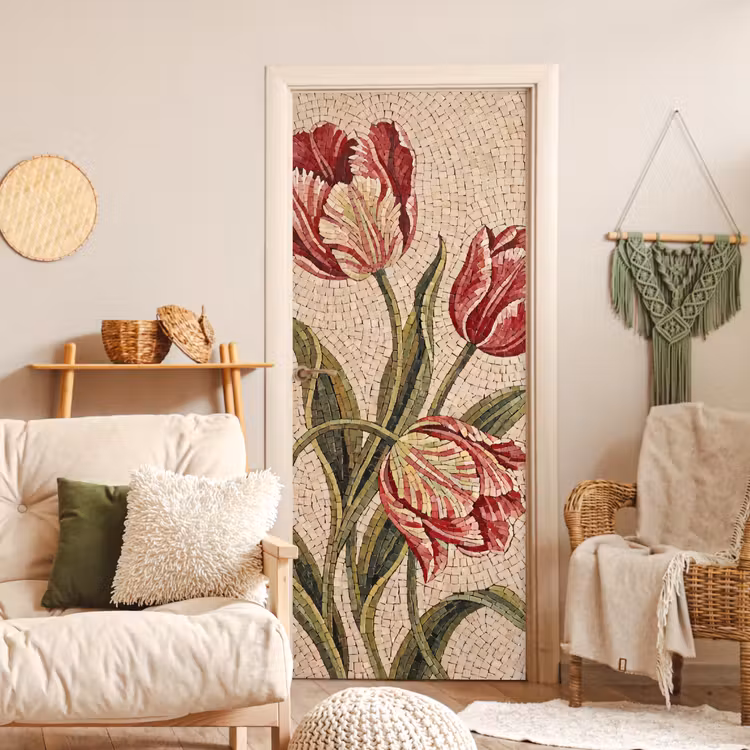 Deursticker - Bloemen - Mozaïek - Rood - Groen - Kunst — 4