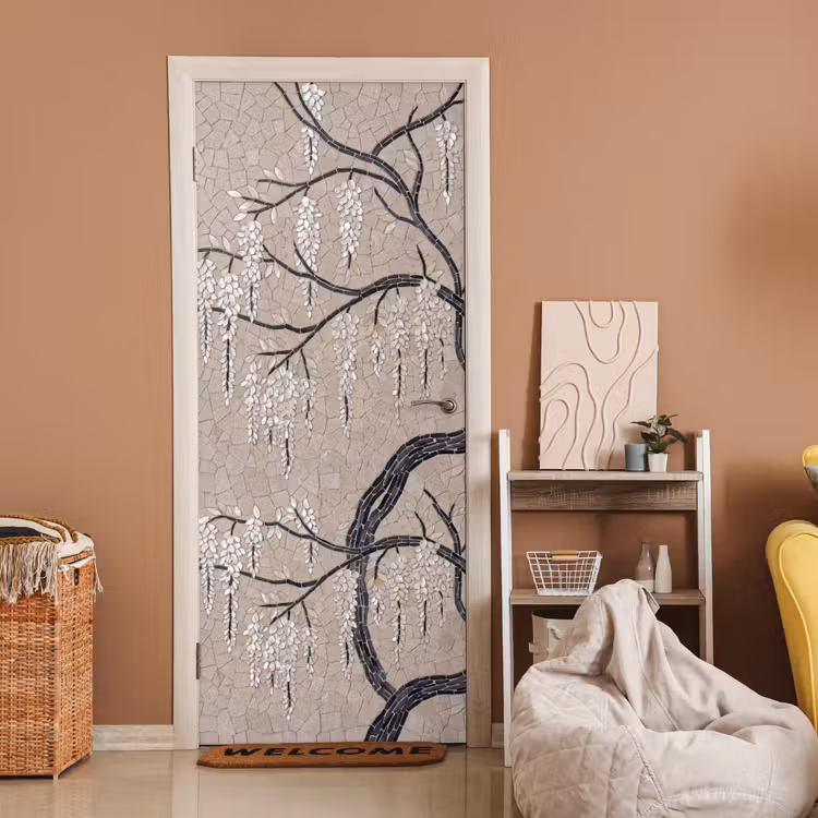 Deursticker - Boom - Bloemen - Mozaïek - Kunst - Wit — 2
