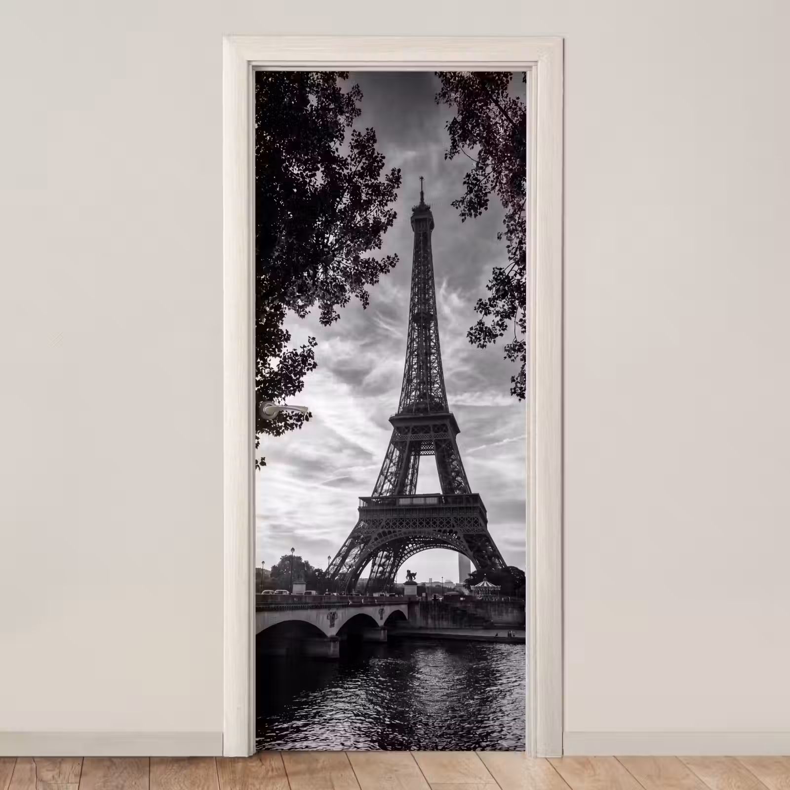 Deursticker - Eiffeltoren - Parijs - Rivier - Architectuur - Zwart-wit — 1