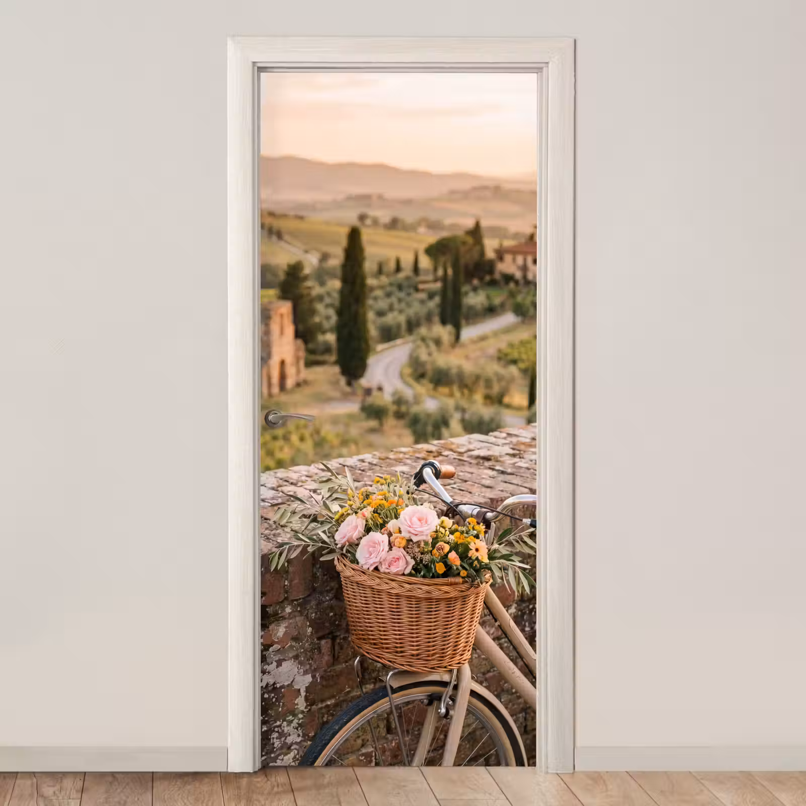Deursticker - Fiets - Bloemen - Toscane - Landschap - Roze — 1