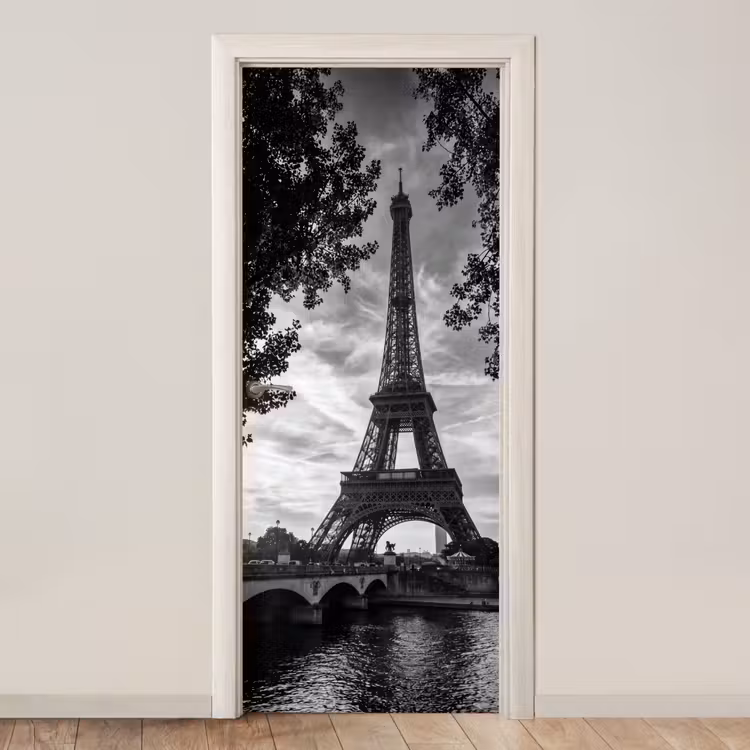 Deursticker - Eiffeltoren - Parijs - Rivier - Architectuur - Zwart-wit — 1