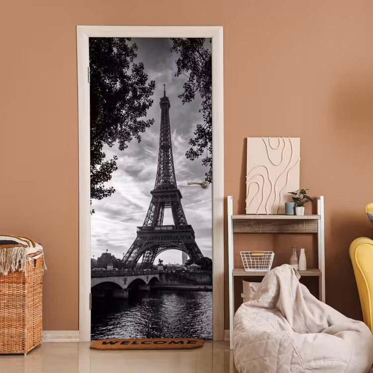 Deursticker - Eiffeltoren - Parijs - Rivier - Architectuur - Zwart-wit — 2