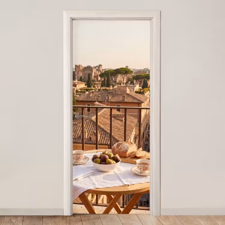 Deursticker - Eten - Ontbijt - Balkon - Stad - Zonsopgang — 1