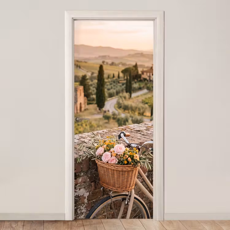 Deursticker - Fiets - Bloemen - Toscane - Landschap - Roze — 1