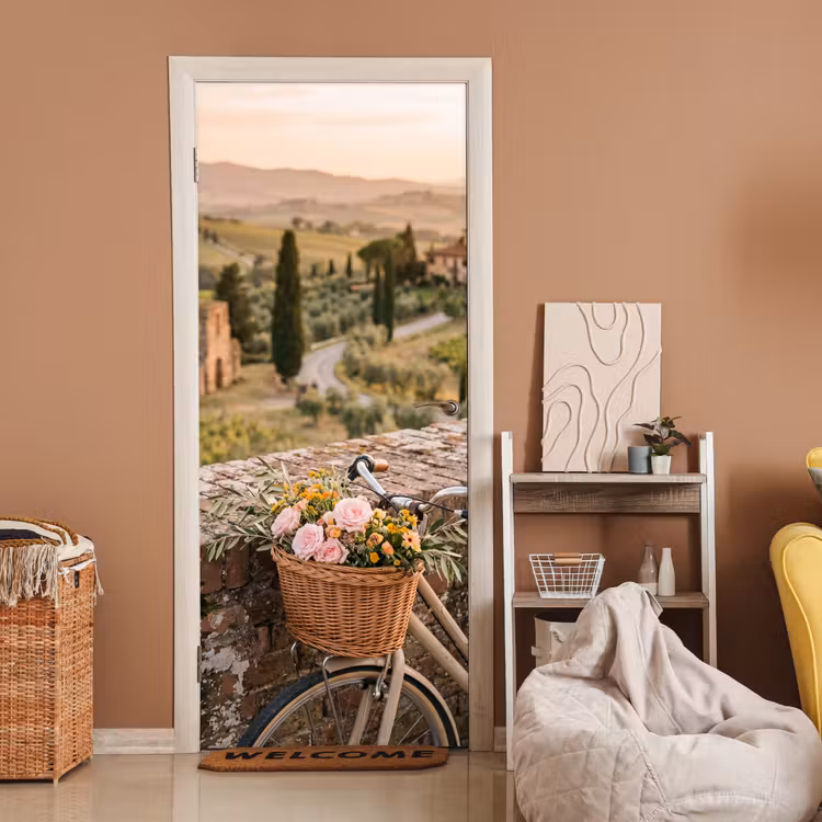 Deursticker - Fiets - Bloemen - Toscane - Landschap - Roze — 2
