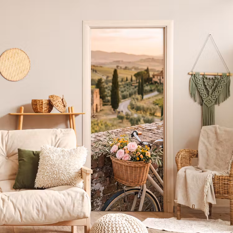 Deursticker - Fiets - Bloemen - Toscane - Landschap - Roze — 4