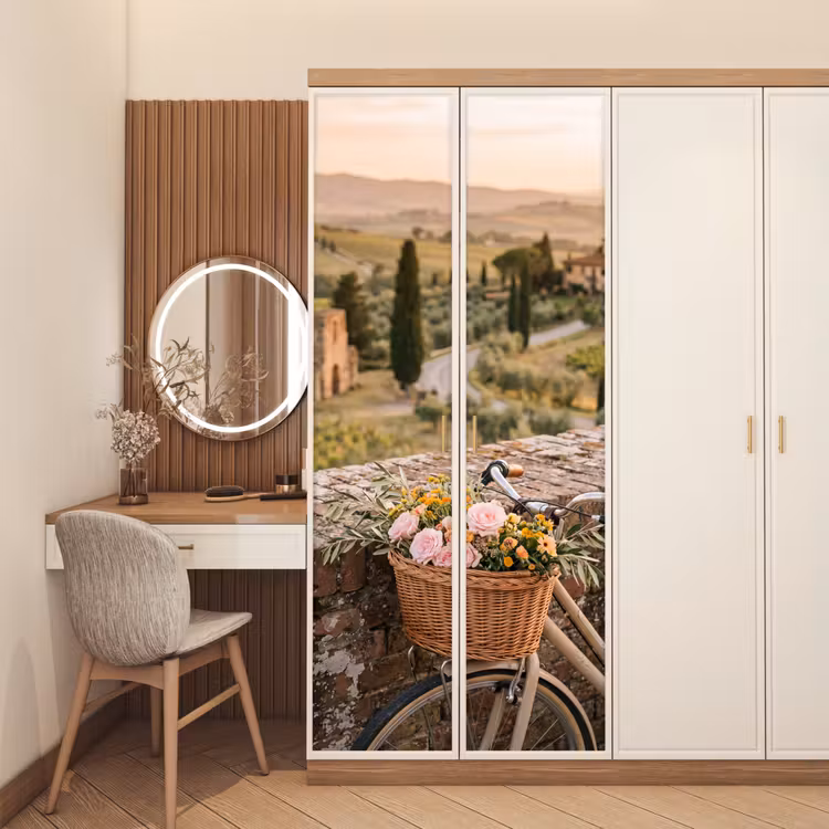 Deursticker - Fiets - Bloemen - Toscane - Landschap - Roze — 5