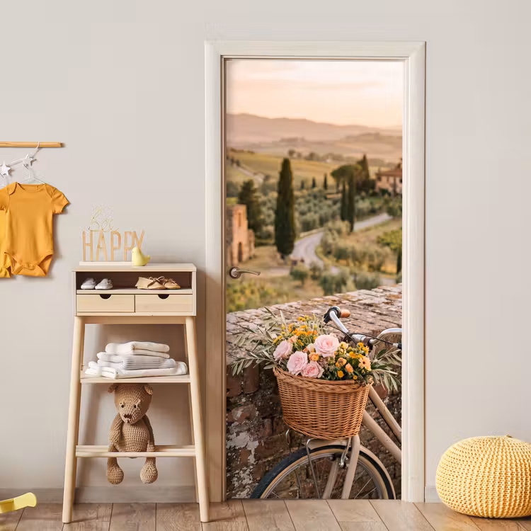 Deursticker - Fiets - Bloemen - Toscane - Landschap - Roze — 6