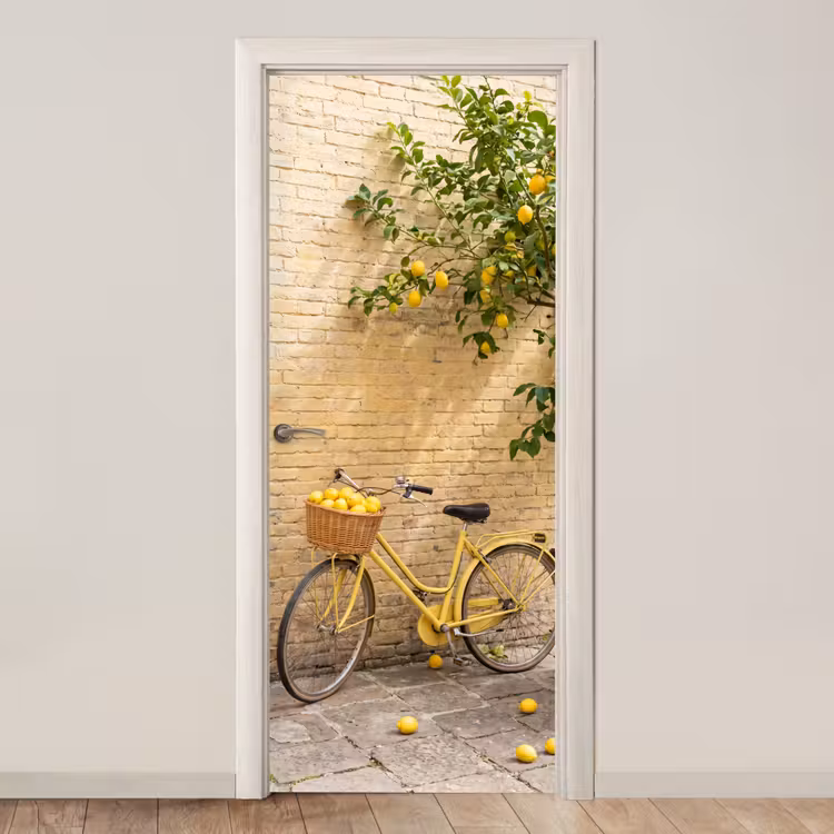 Deursticker - Fiets - Mand - Eten - Geel - Zomer — 1