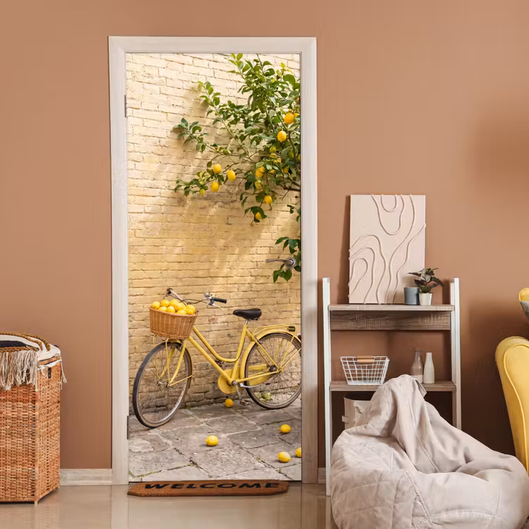 Deursticker - Fiets - Mand - Eten - Geel - Zomer — 2