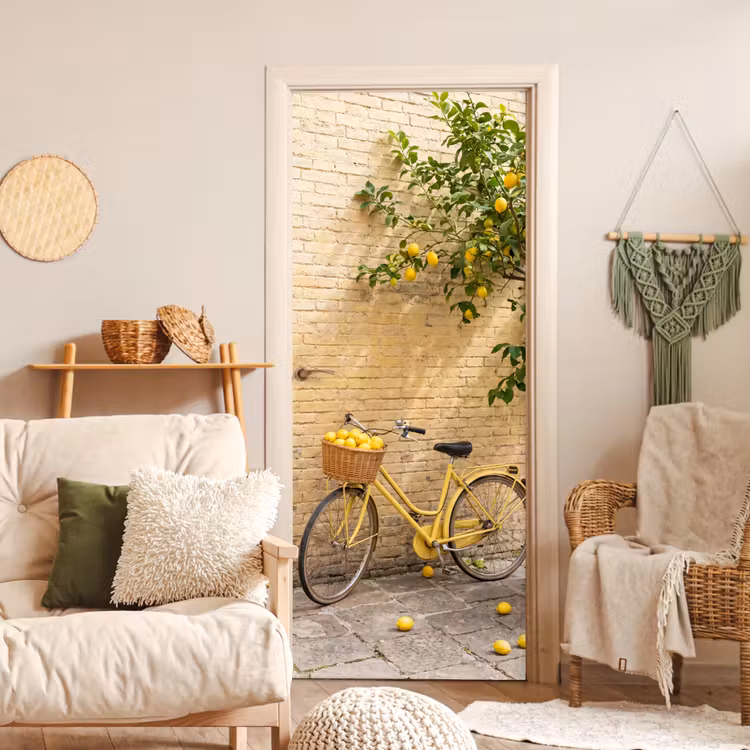 Deursticker - Fiets - Mand - Eten - Geel - Zomer — 4