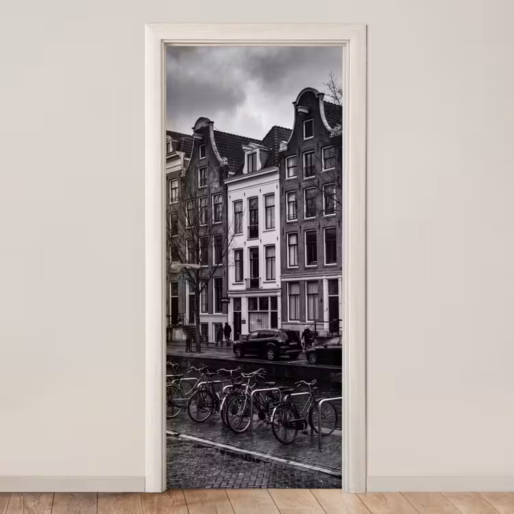 Deursticker - Huis - Gracht - Amsterdam - Architectuur - Zwart-wit — 1