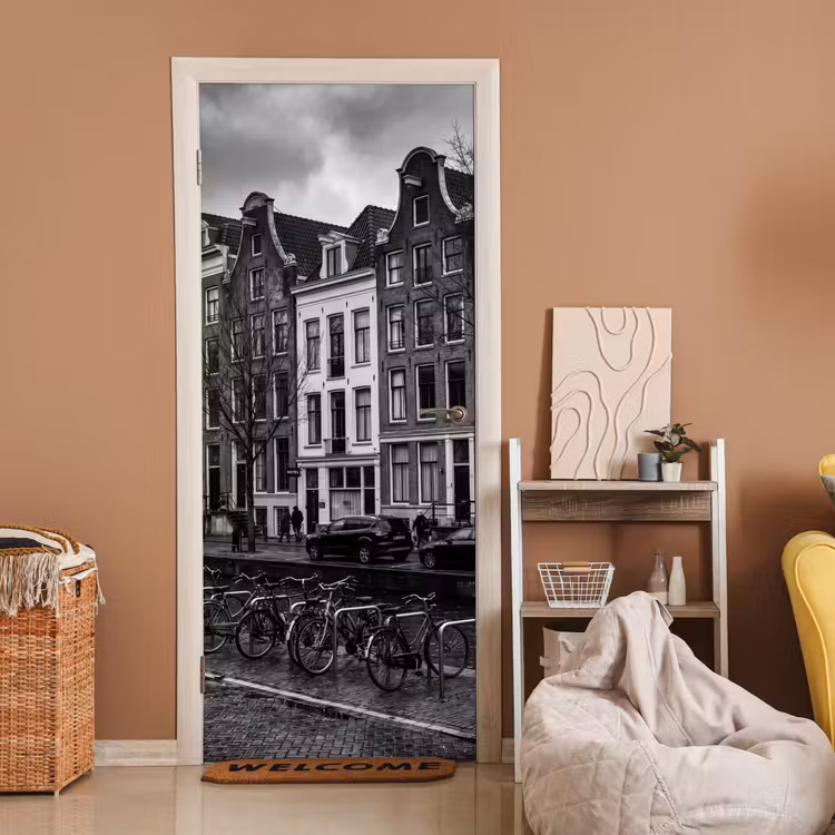 Deursticker - Huis - Gracht - Amsterdam - Architectuur - Zwart-wit — 2