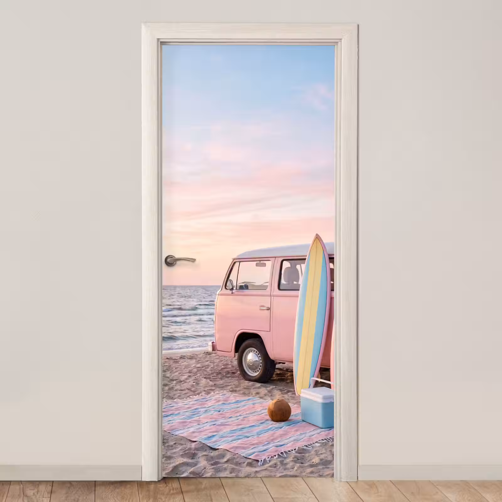 Deursticker - Busje - Strand - Surfplank - Zomer - Roze — 1