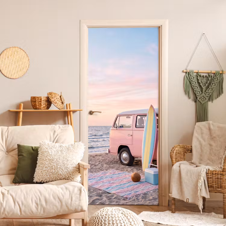 Deursticker - Busje - Strand - Surfplank - Zomer - Roze — 4