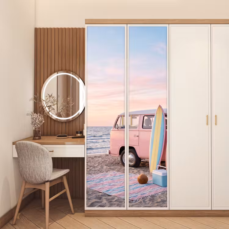 Deursticker - Busje - Strand - Surfplank - Zomer - Roze — 5