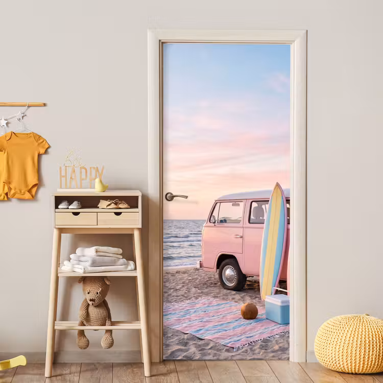 Deursticker - Busje - Strand - Surfplank - Zomer - Roze — 6