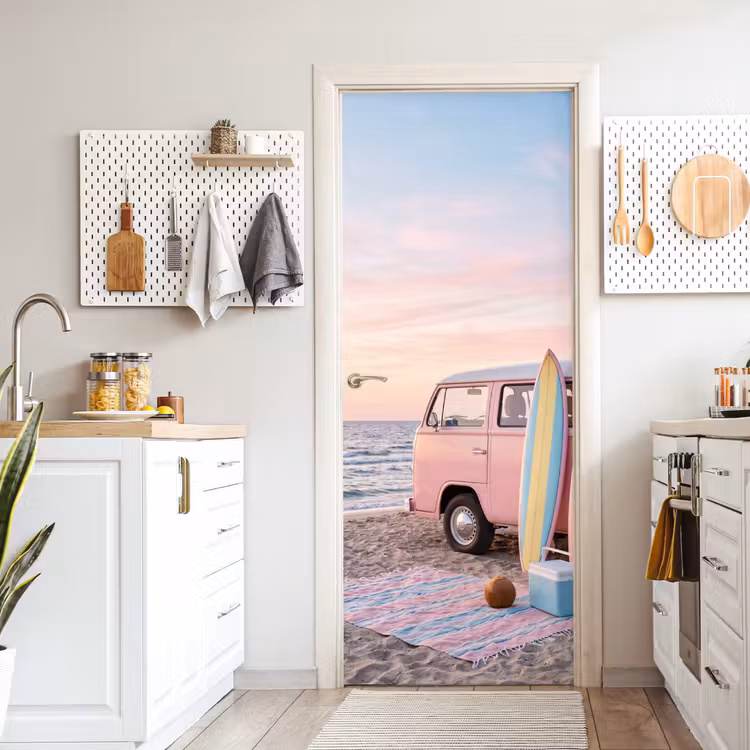 Deursticker - Busje - Strand - Surfplank - Zomer - Roze — 7