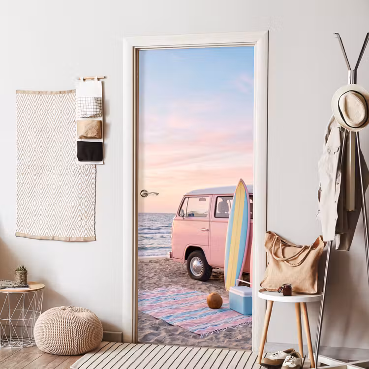 Deursticker - Busje - Strand - Surfplank - Zomer - Roze — 8