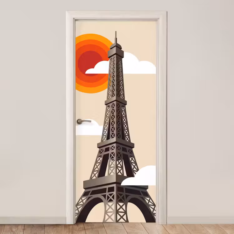 Deursticker - Eiffeltoren - Zon - Architectuur - Abstract - Beige — 1