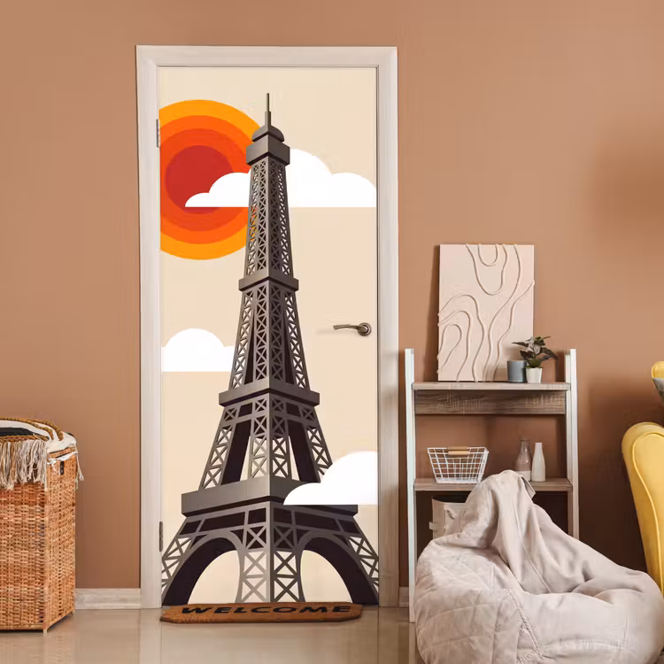 Deursticker - Eiffeltoren - Zon - Architectuur - Abstract - Beige — 2