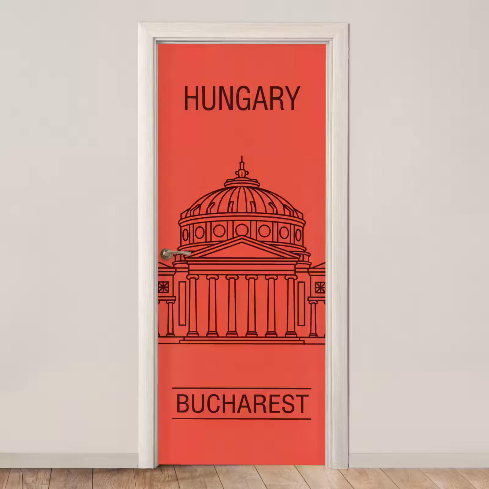 Deursticker - Architectuur - Boekarest - Stedelijk - Lijntekening - Rood — 1