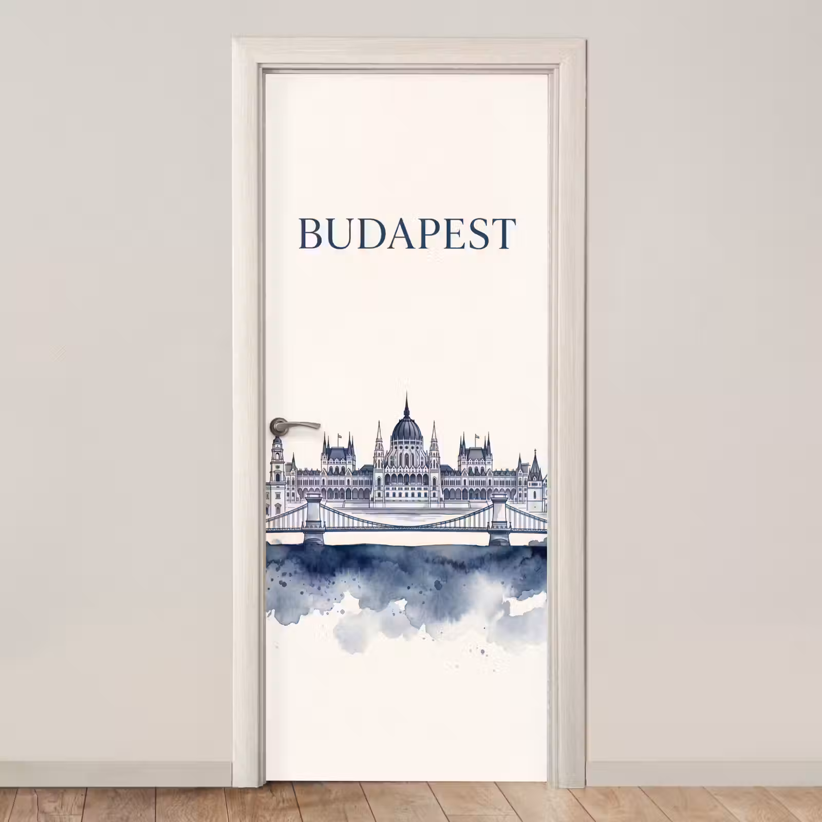 Deursticker - Boedapest - Skyline - Architectuur - Aquarel - Blauw — 1
