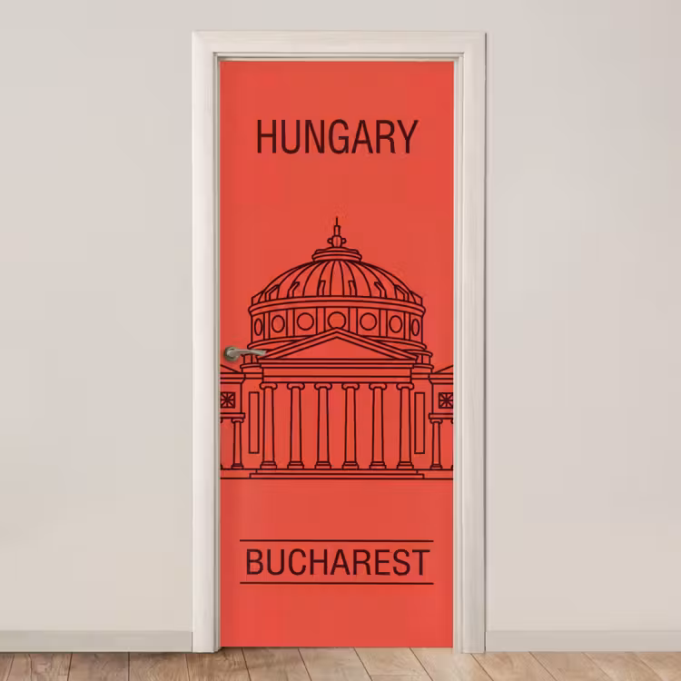 Deursticker - Architectuur - Boekarest - Stedelijk - Lijntekening - Rood — 1