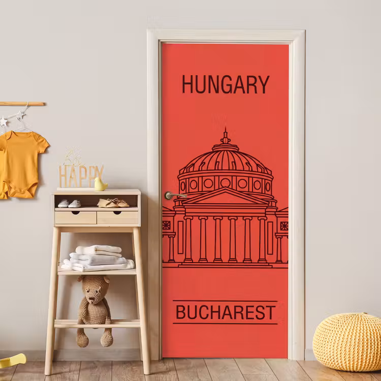 Deursticker - Architectuur - Boekarest - Stedelijk - Lijntekening - Rood — 6