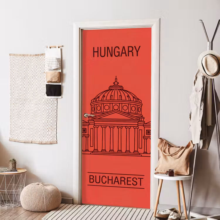 Deursticker - Architectuur - Boekarest - Stedelijk - Lijntekening - Rood — 8