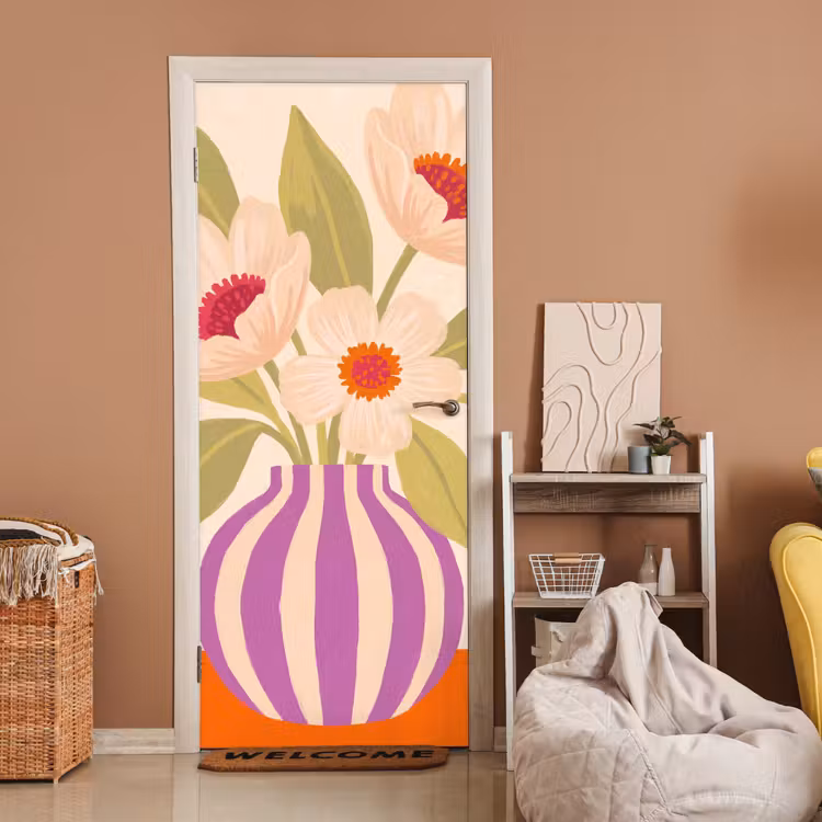 Deursticker - Bloemen - Vaas - Abstract - Paars - Oranje — 2