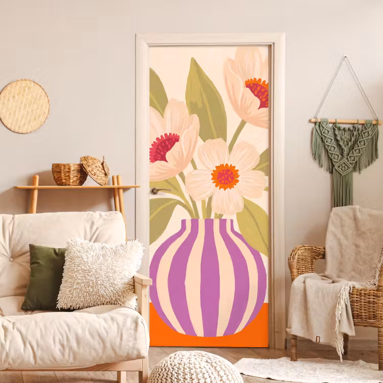 Deursticker - Bloemen - Vaas - Abstract - Paars - Oranje — 4