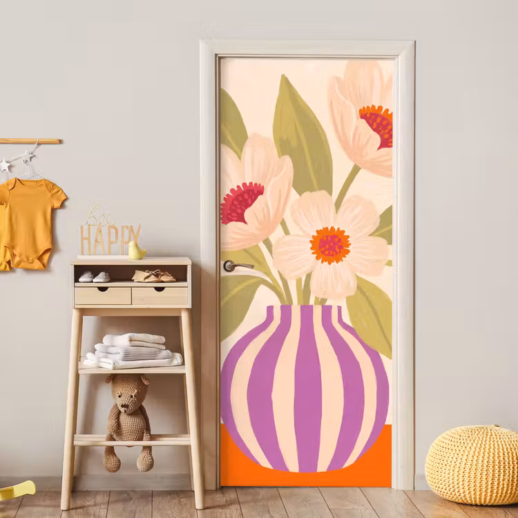 Deursticker - Bloemen - Vaas - Abstract - Paars - Oranje — 6
