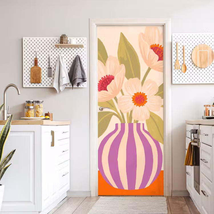 Deursticker - Bloemen - Vaas - Abstract - Paars - Oranje — 7