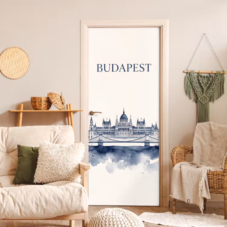 Deursticker - Boedapest - Skyline - Architectuur - Aquarel - Blauw — 4