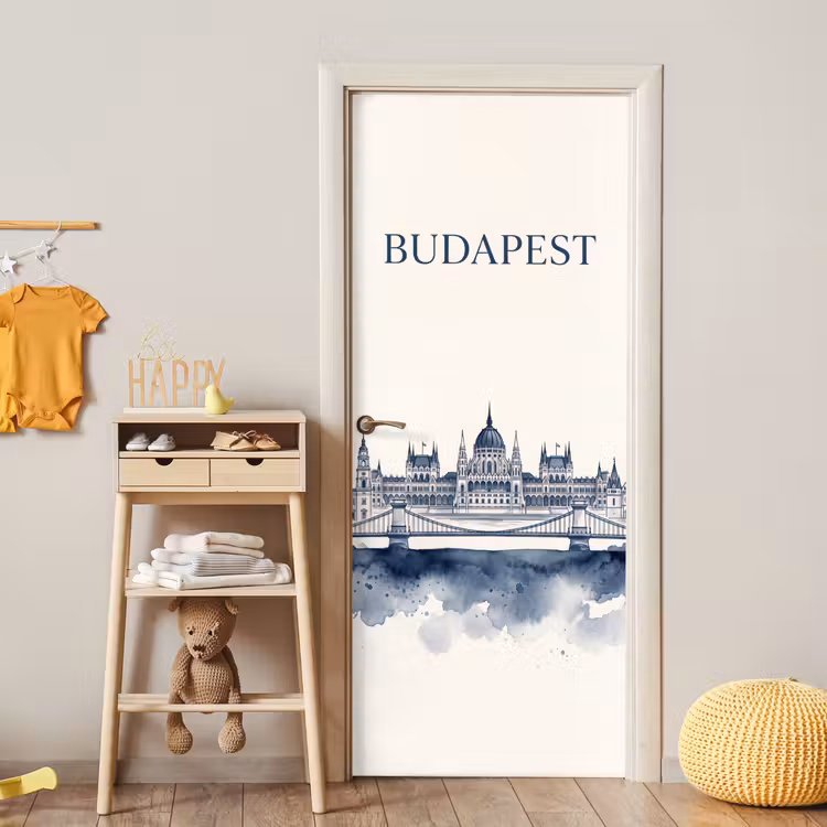 Deursticker - Boedapest - Skyline - Architectuur - Aquarel - Blauw — 6