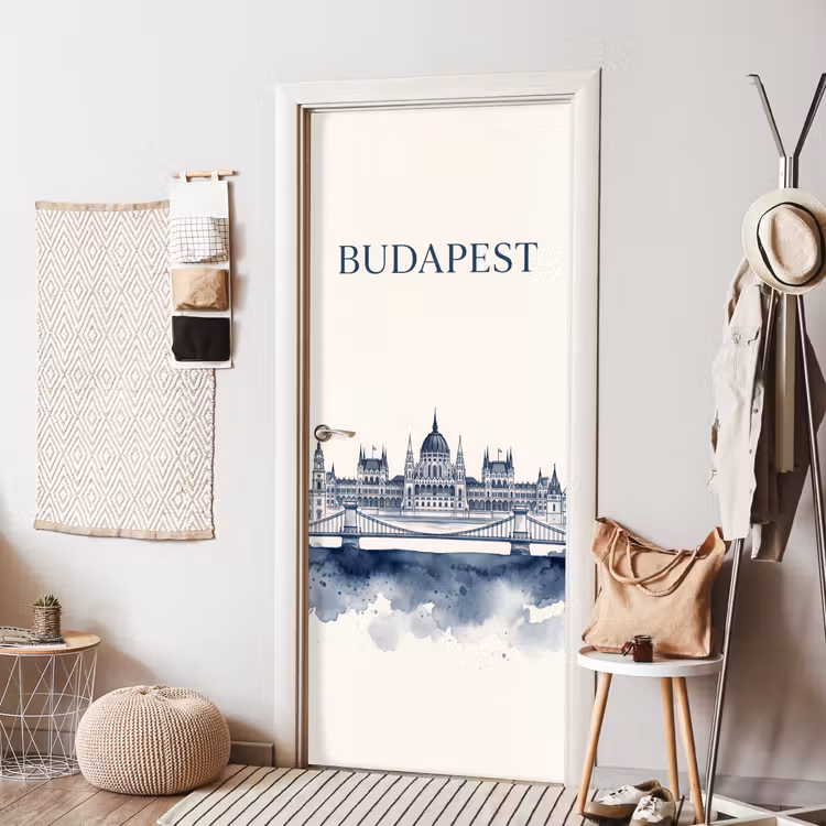 Deursticker - Boedapest - Skyline - Architectuur - Aquarel - Blauw — 8