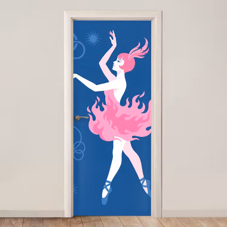 Deursticker - Danseres - Vlammenrok - Abstract - Roze - Blauw — 1