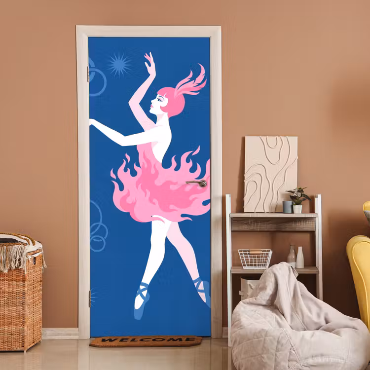 Deursticker - Danseres - Vlammenrok - Abstract - Roze - Blauw — 2