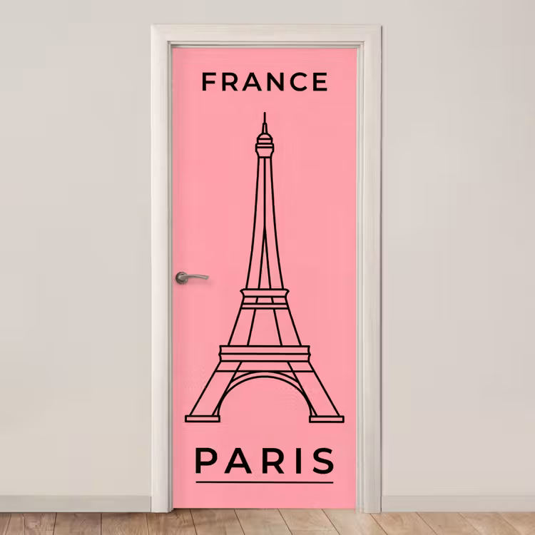 Deursticker - Eiffeltoren - Parijs - Architectuur - Minimalistisch - Roze — 1