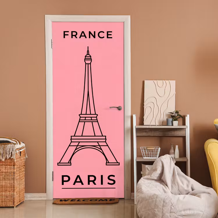 Deursticker - Eiffeltoren - Parijs - Architectuur - Minimalistisch - Roze — 2