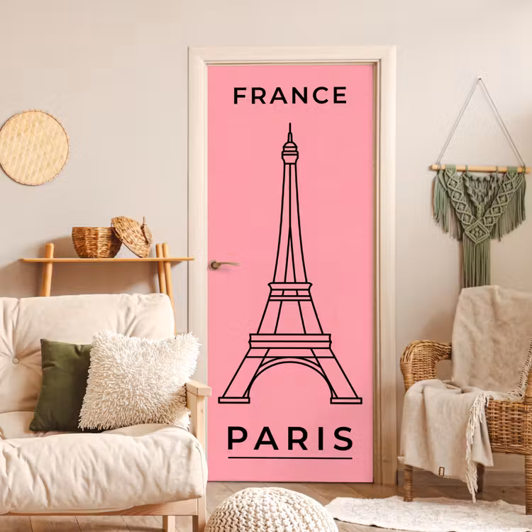 Deursticker - Eiffeltoren - Parijs - Architectuur - Minimalistisch - Roze — 4