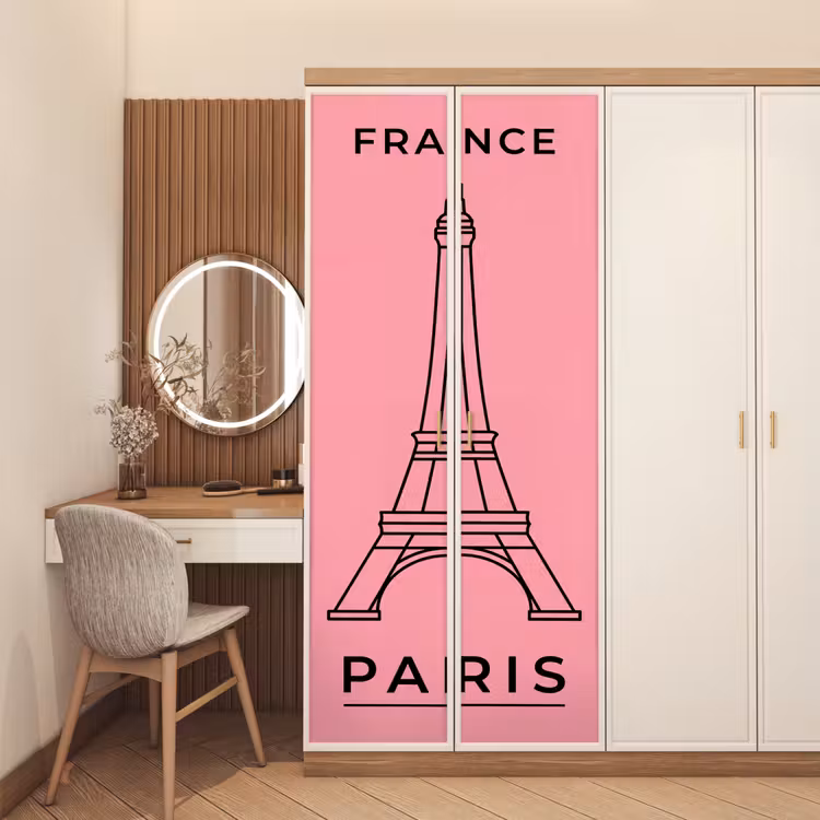Deursticker - Eiffeltoren - Parijs - Architectuur - Minimalistisch - Roze — 5