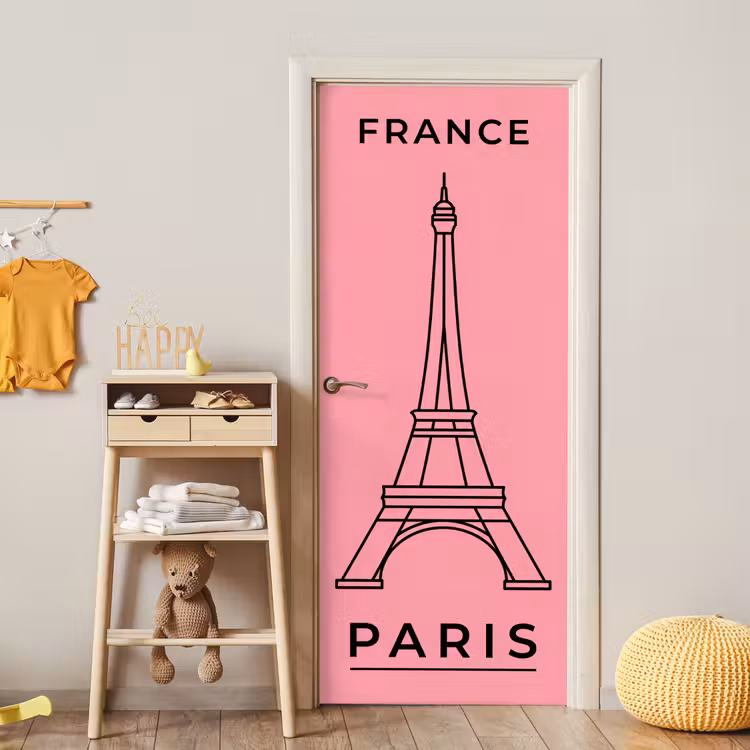 Deursticker - Eiffeltoren - Parijs - Architectuur - Minimalistisch - Roze — 6