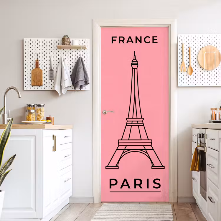 Deursticker - Eiffeltoren - Parijs - Architectuur - Minimalistisch - Roze — 7