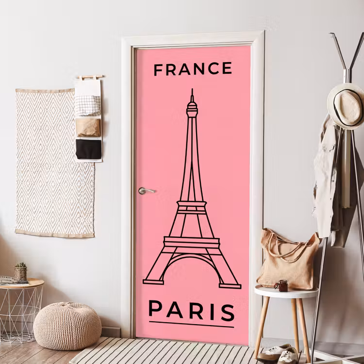 Deursticker - Eiffeltoren - Parijs - Architectuur - Minimalistisch - Roze — 8