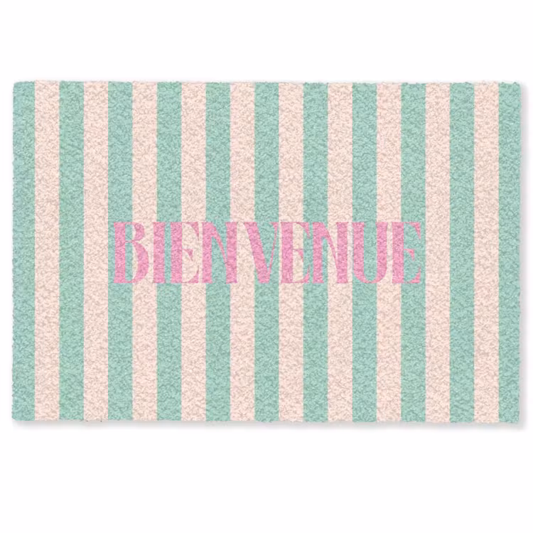 Deurmat - Roze - Groen - Strepen - Bienvenue — 1
